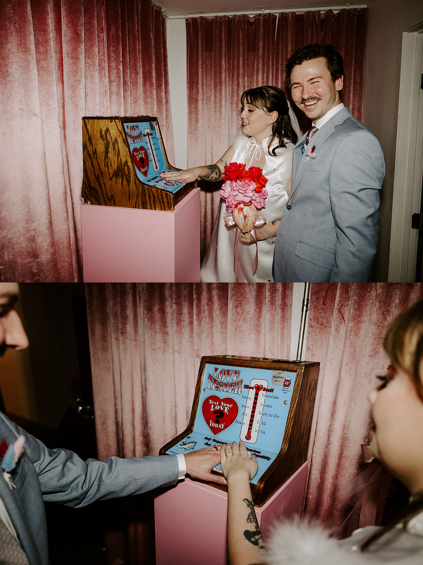 groom and bride play arcade game in pink room by Las Vegas Wedding Photographer