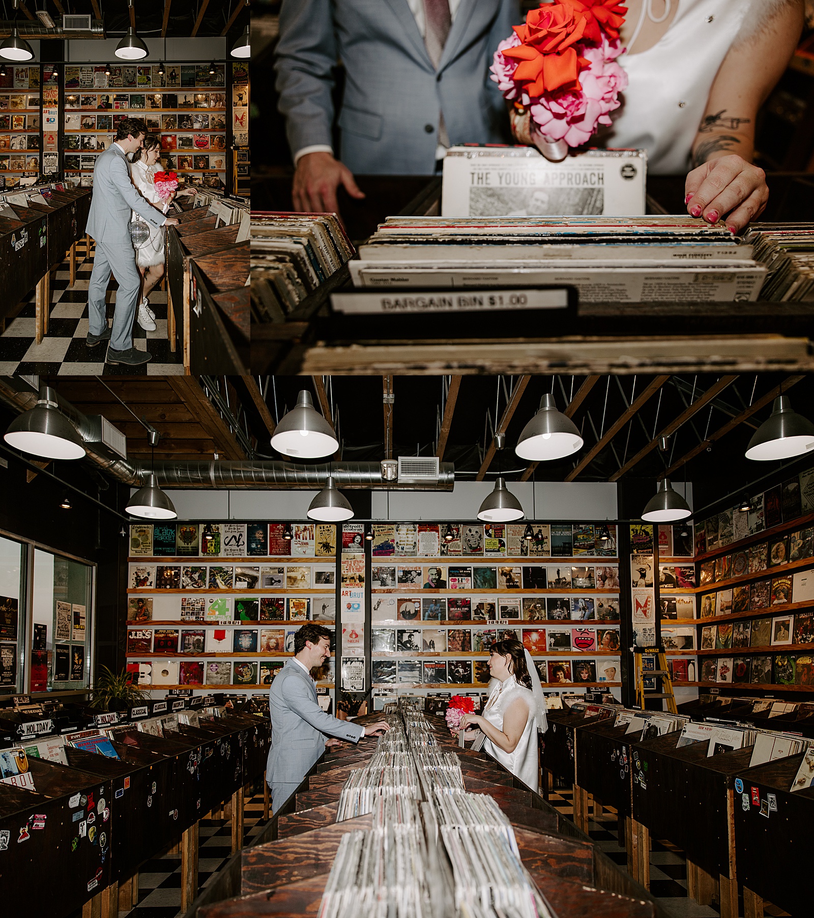 newlyweds flip through records at a store for retro inspired elopement