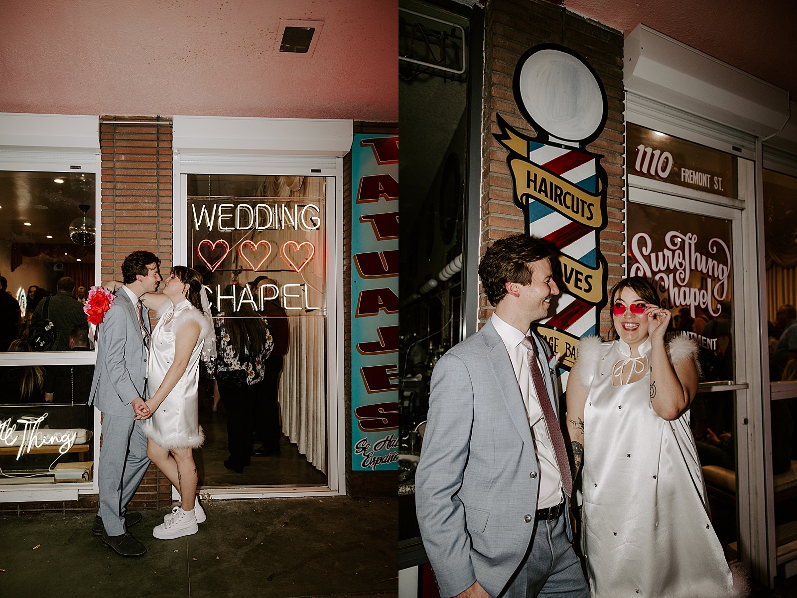 bride tries on pink heart sunglasses for retro inspired elopement