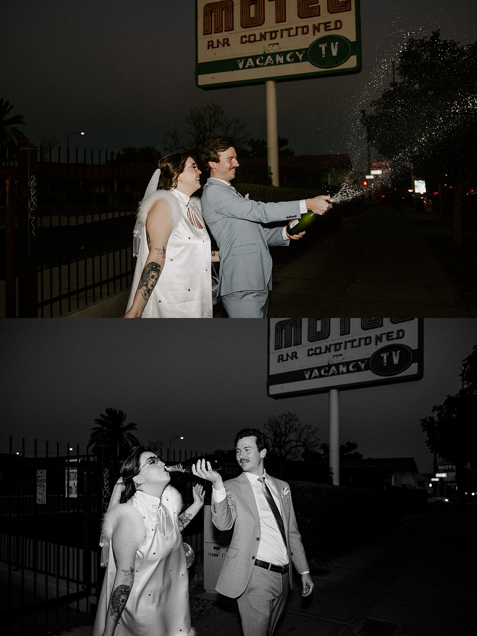 groom sprays bottle of champagne for his wife by Las Vegas Wedding Photographer