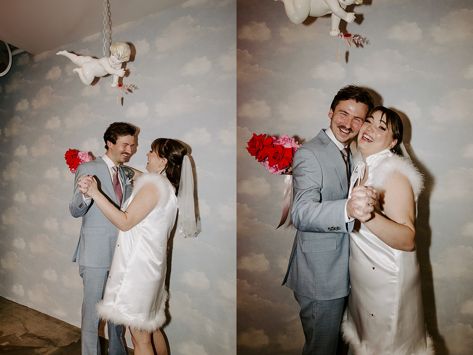 couple dances under cupid while laughing by Las Vegas Wedding Photographer