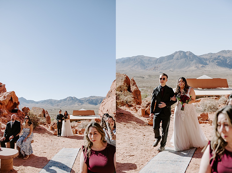 bride walks down outdoor aisle in mountains by Katelyn Faye Photo