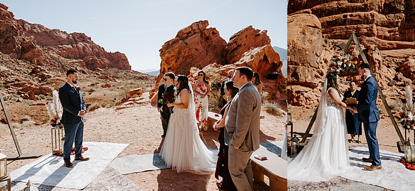 bride approaches outdoor arch for ceremony at Valley of Fire elopement.