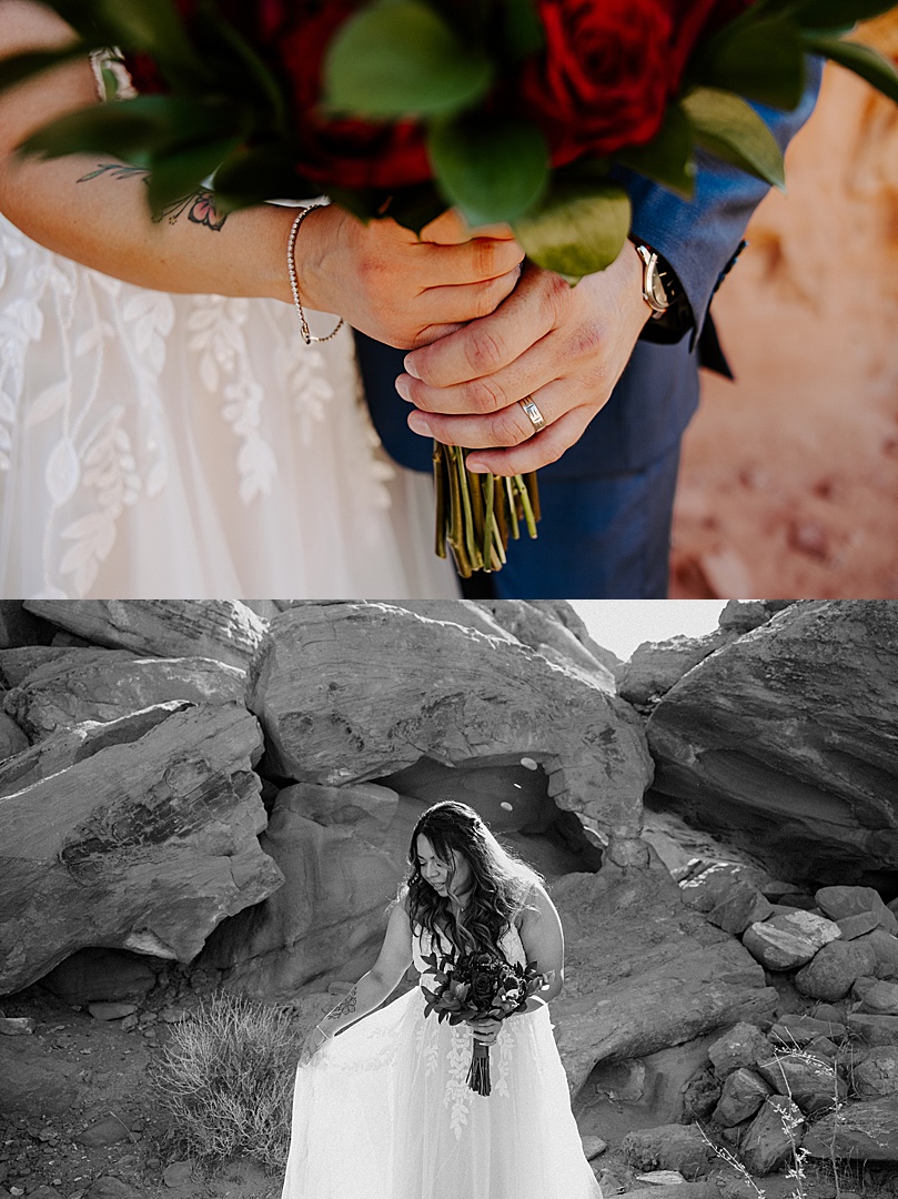 bride holds out her dress standing on red rocks by Las Vegas Elopement Photographer