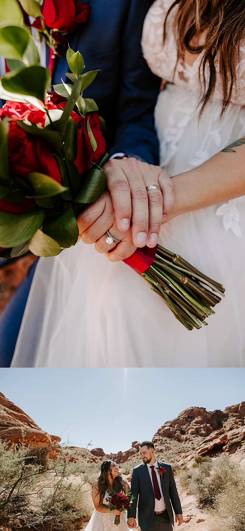 bride and groom show of diamond rings by Las Vegas Elopement Photographer