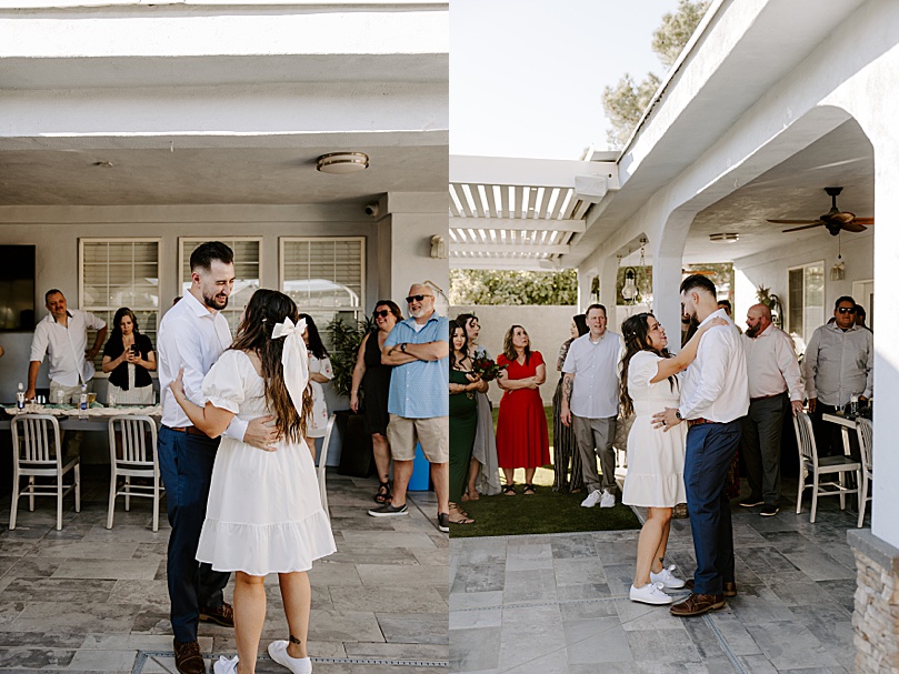 man and wife share a first dance at backyard reception by Las Vegas Elopement Photographer