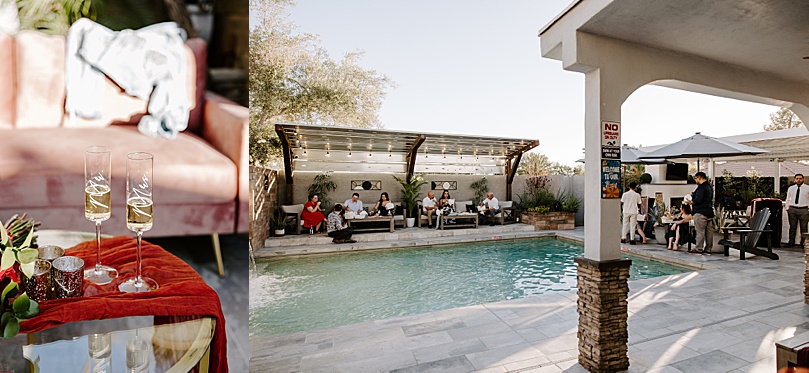 guests enjoy drinks at backyard reception by Las Vegas Elopement Photographer