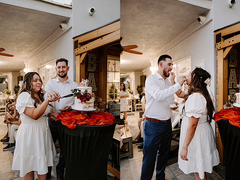 bride and groom feed each other cake at backyard reception by Las Vegas Elopement Photographer