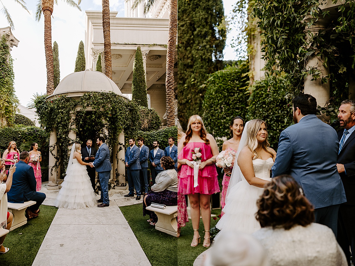 Blonde Bride looks at groom during ceremony at Caesars Palace Venus Garden