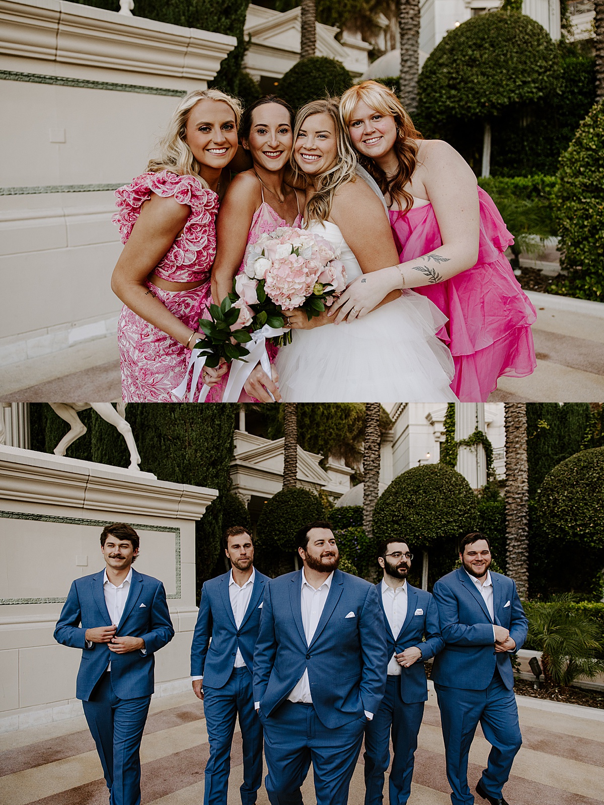 Bridal party embraces outside Caesars Palace Venus Garden