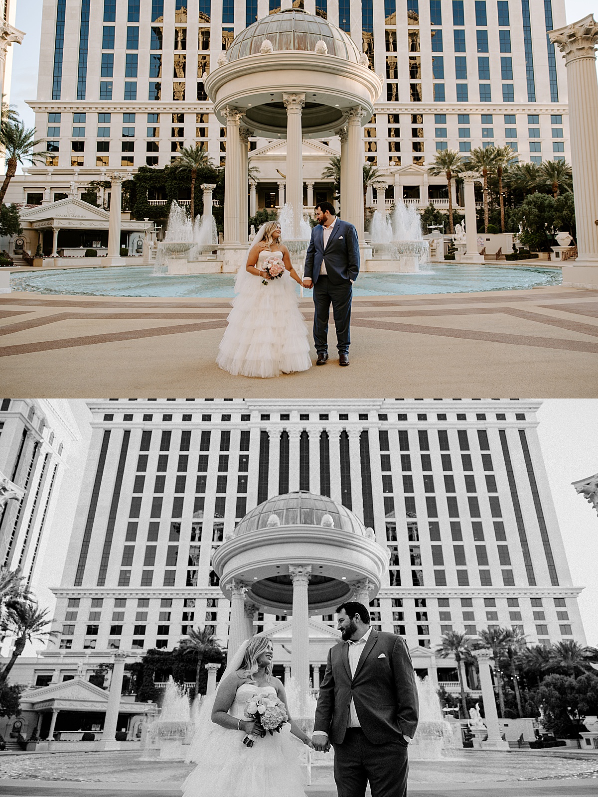 Newlywed couple stands in front of fountain by Las Vegas Wedding Photographer