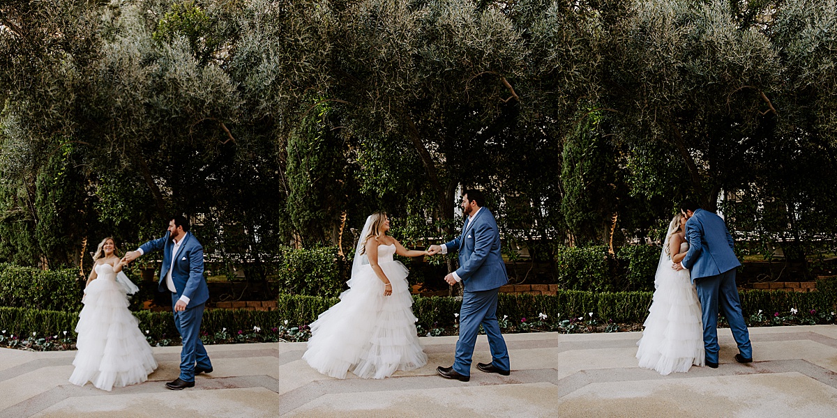 Newlyweds dancing outside of Caesars Palace Venus Garden