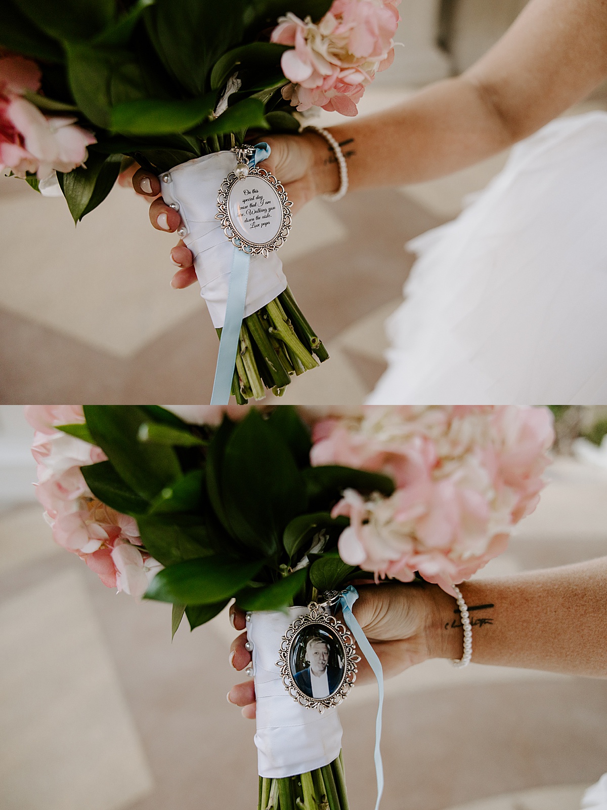 Bride shows her bouquet memorial charm at Caesars Palace Venus Garden