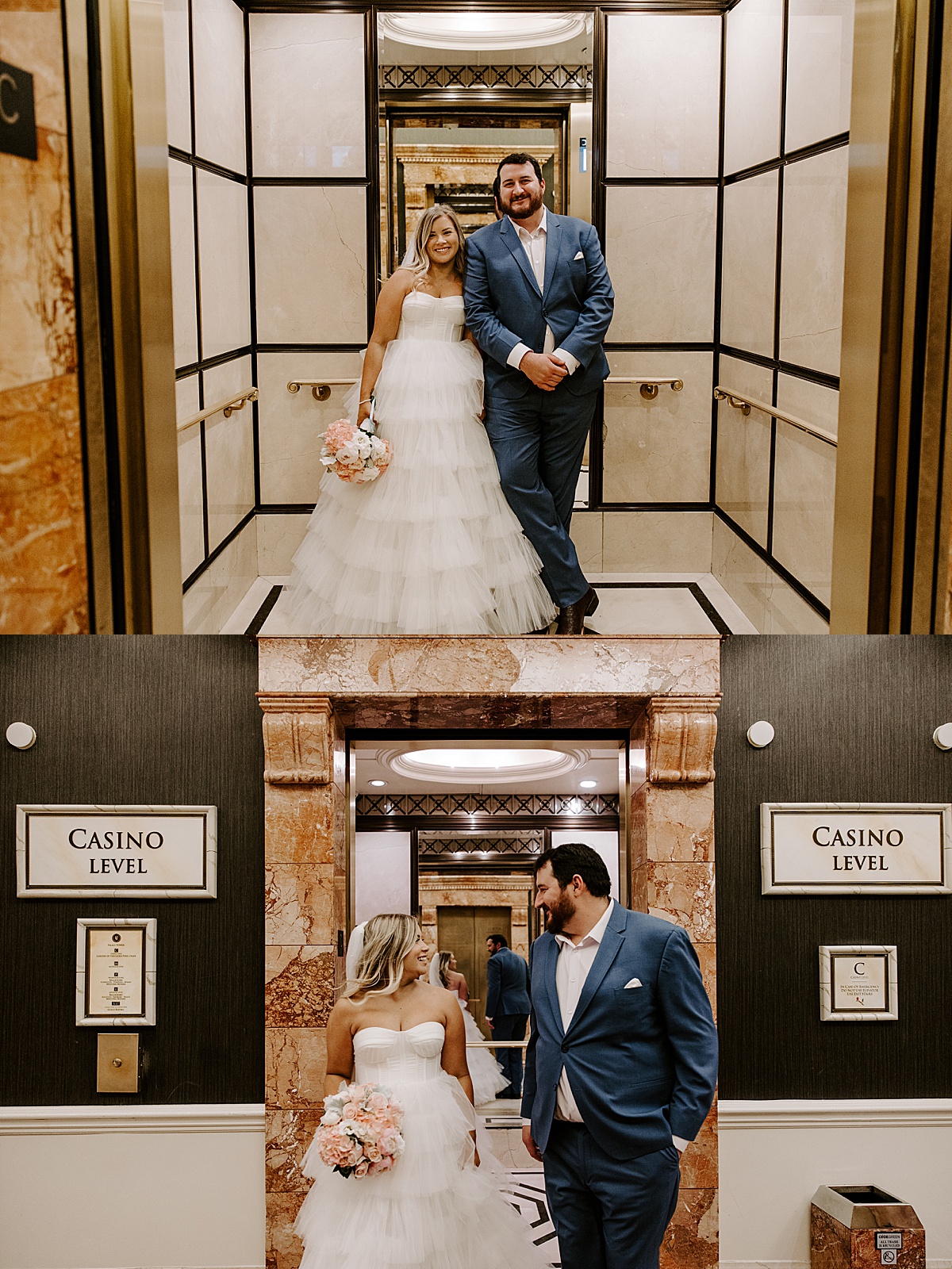 Couple stand inside casino elevator by Las Vegas Wedding Photographer