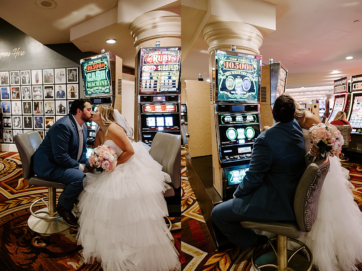 Newlywed couple gambling on the slot machines by katelyn faye photography