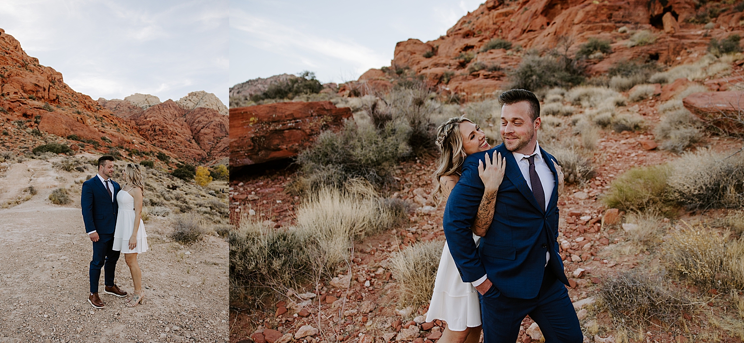 couple embraces in the red rocks for Canyon Engagement Session