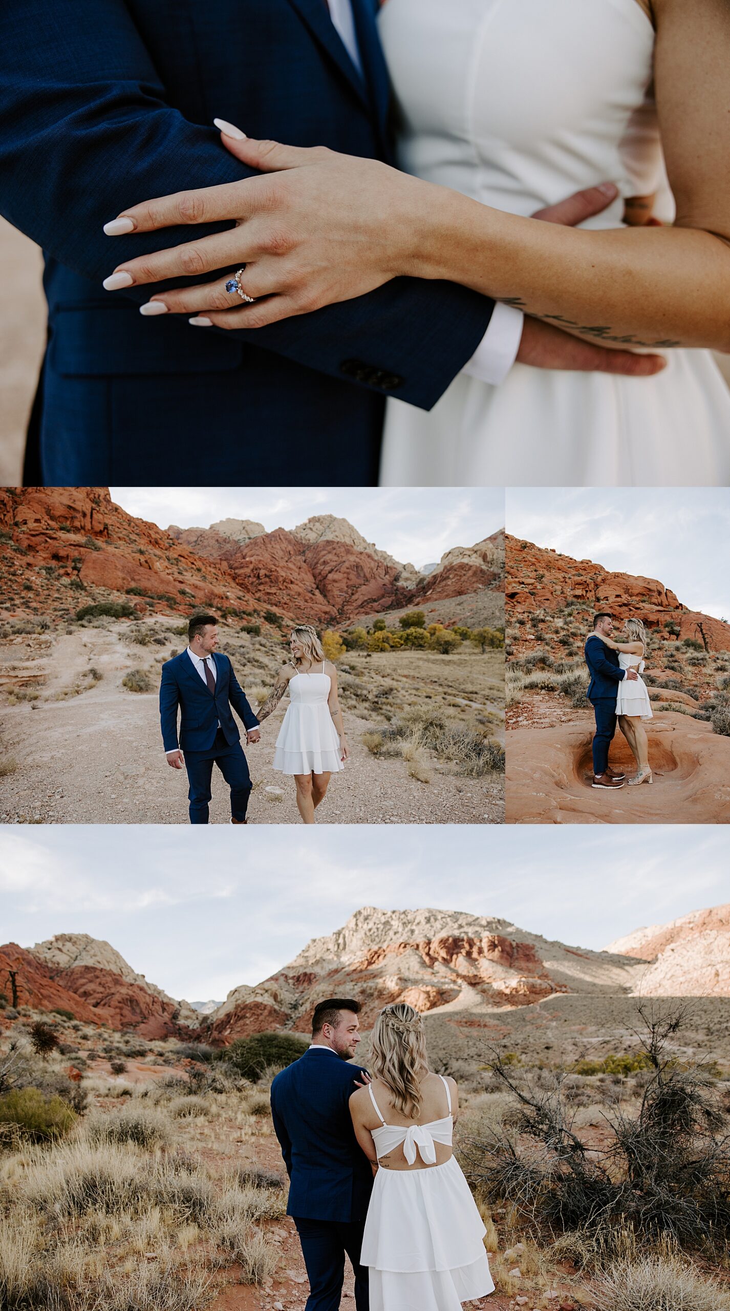 blonde woman in white dress hugs her man in nature by Las Vegas Wedding Photographer