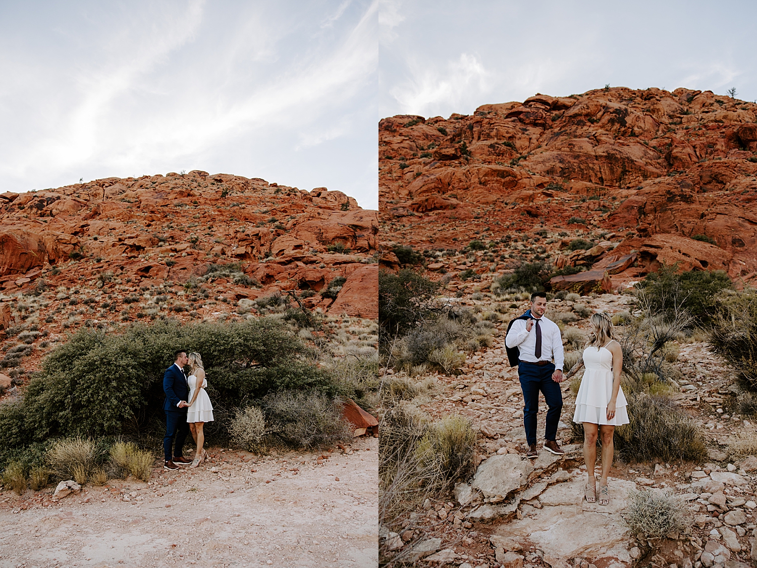 couple kisses in front of red rock by Katelyn Faye Photo