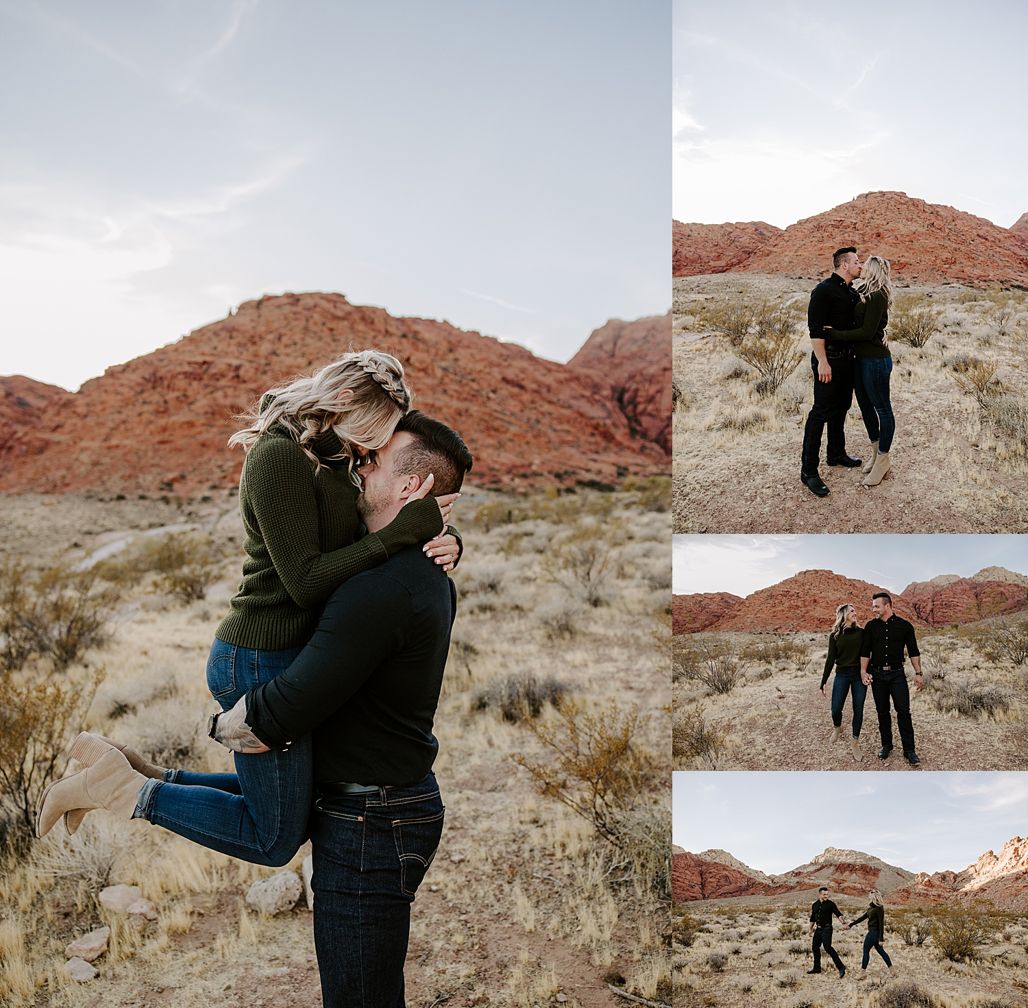 woman with braids hugs her fiancé for Canyon Engagement Session