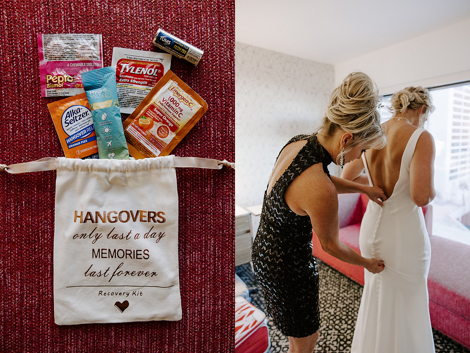 woman zips up daughter's wedding. gown by Katelyn Faye Photo