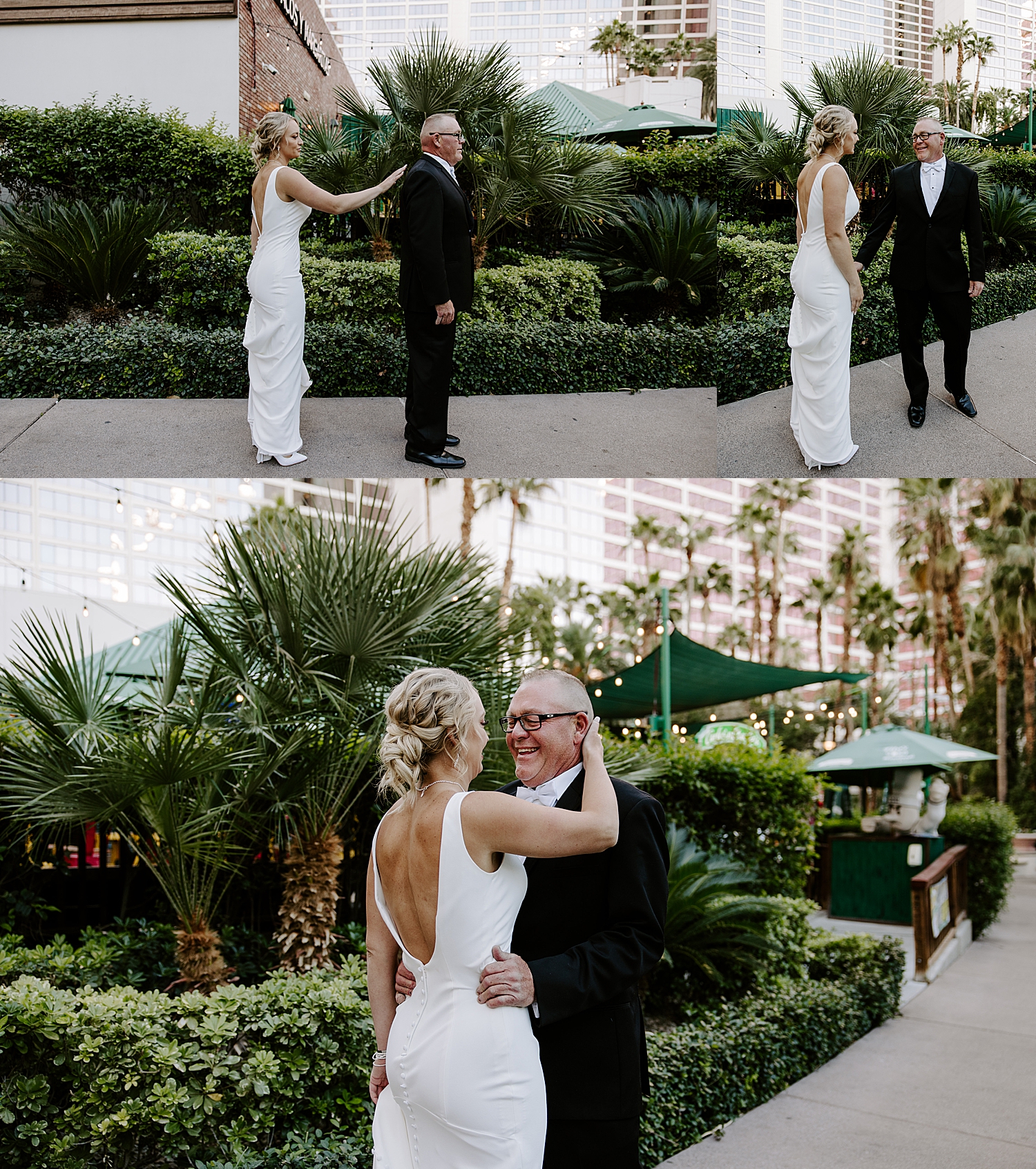 woman approaches her groom for first look by Las Vegas Wedding Photographer