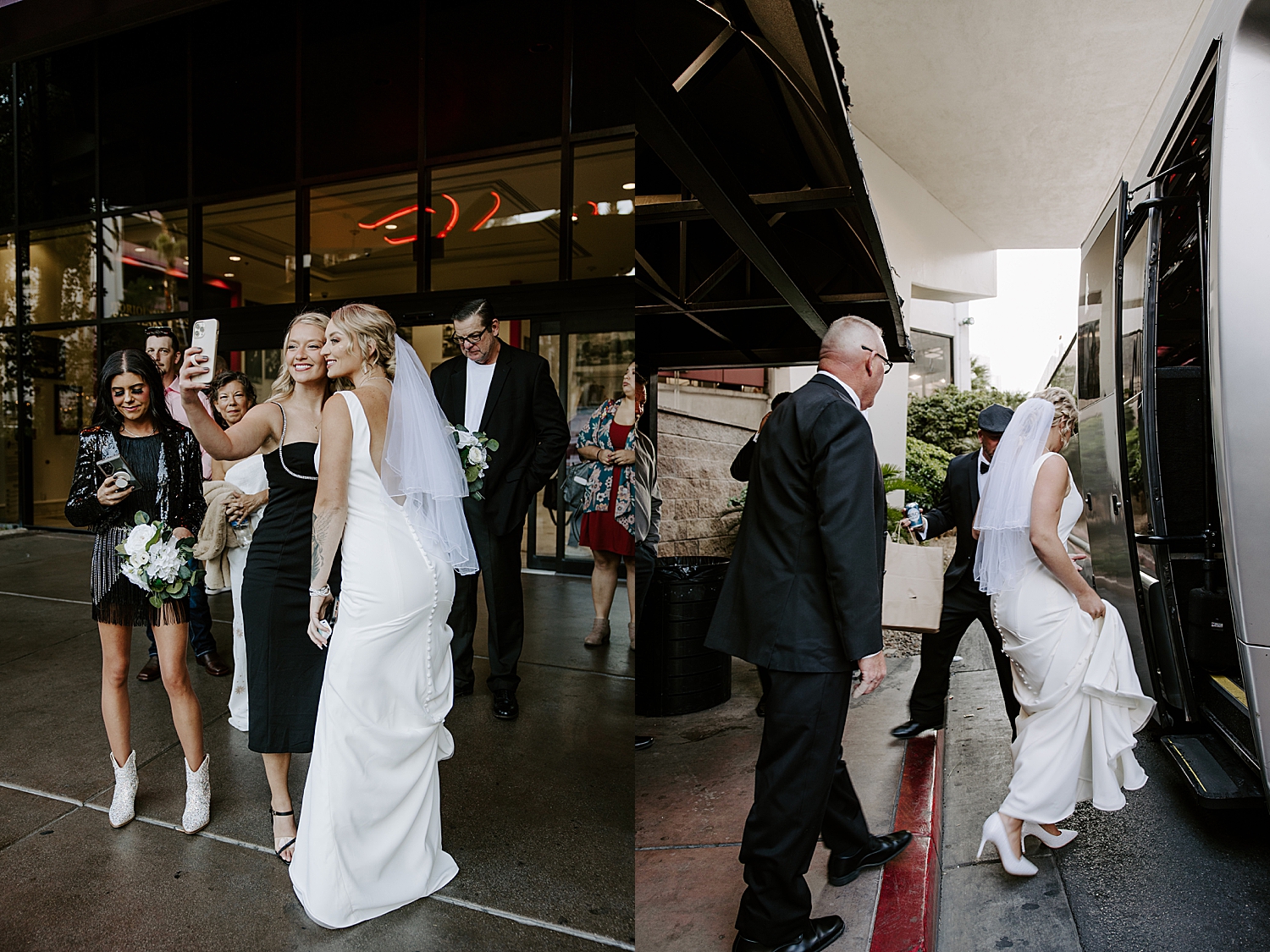 bride gets into party bus on the way to her Speedway Pitstop