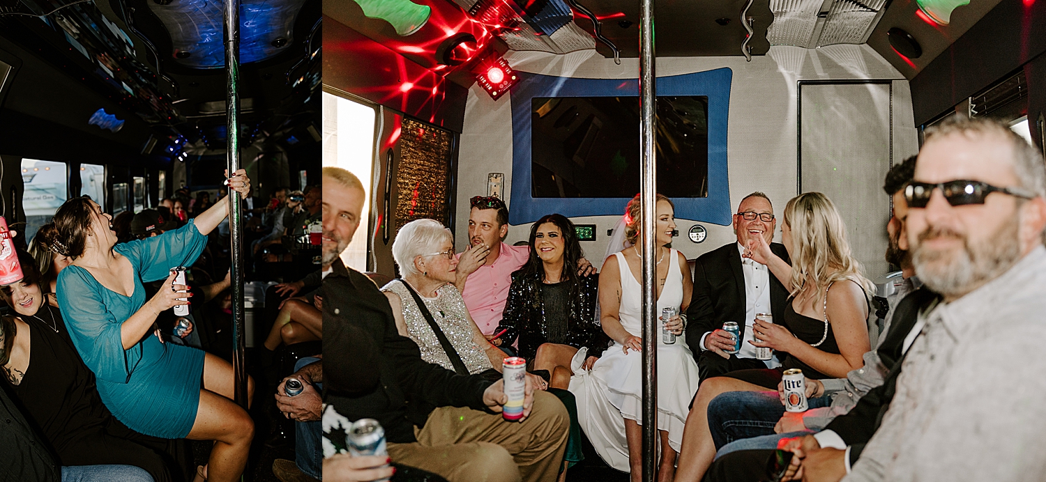 guests enjoy party bus on the way to ceremony by Katelyn Faye Photo