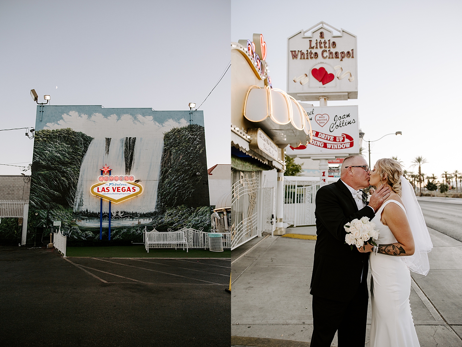 bride and groom kiss under Little White Chapel sign before their Speedway Pitstop