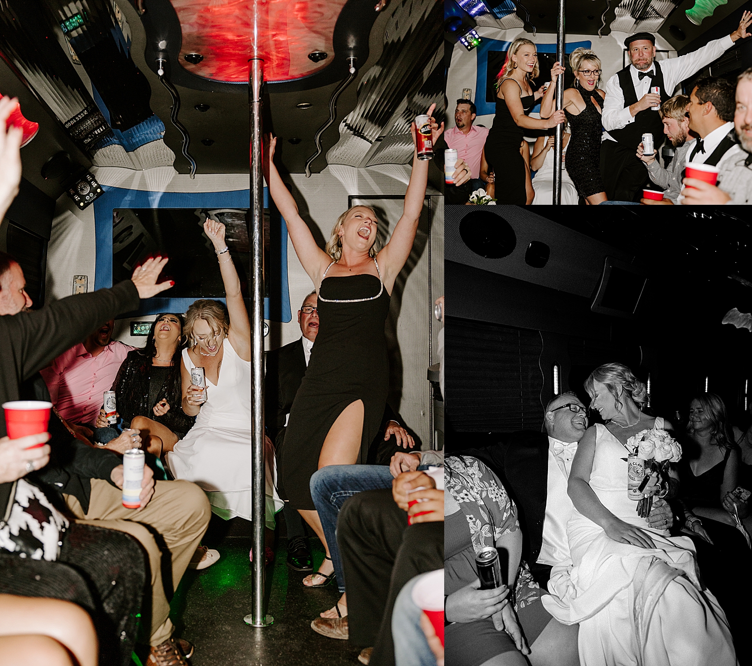 guests dance in party bus on the way to reception by Las Vegas Wedding Photographer