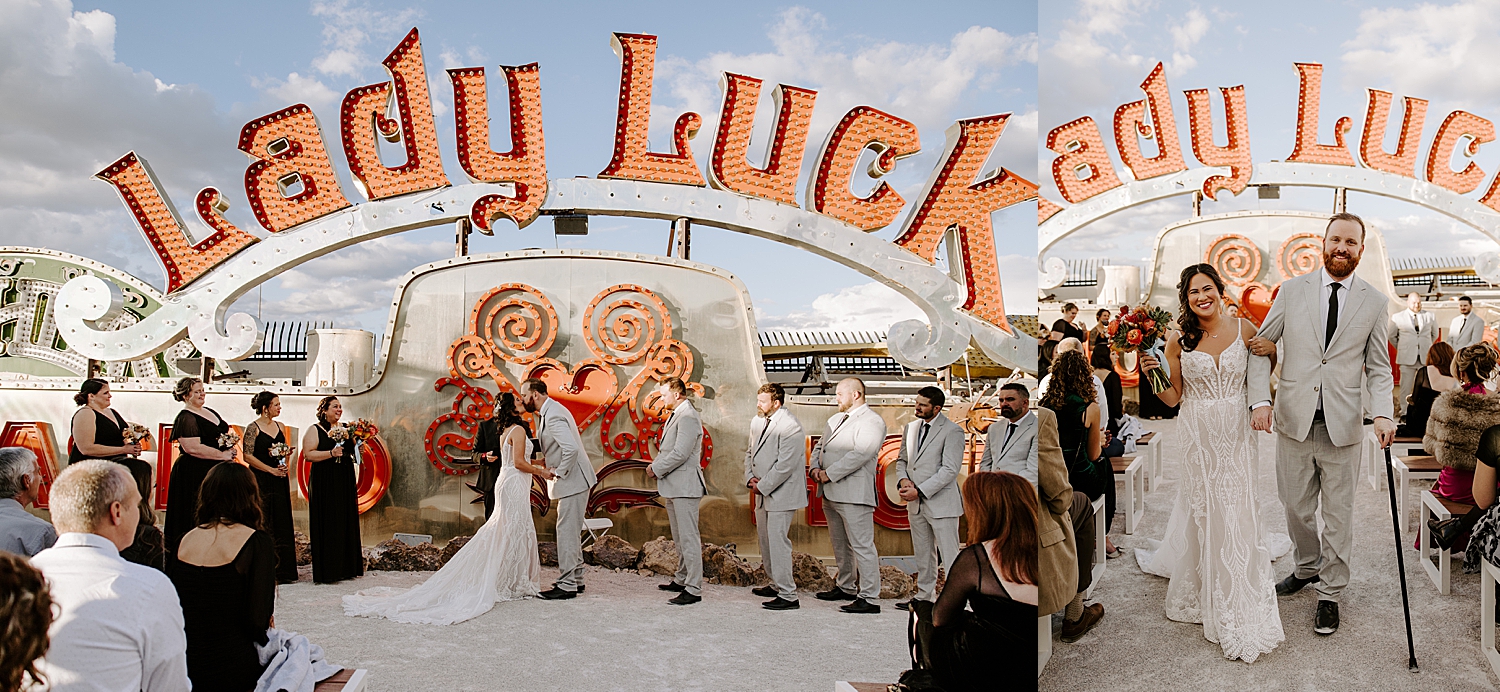 newlyweds walk back down the aisle at Neon Museum Ceremony