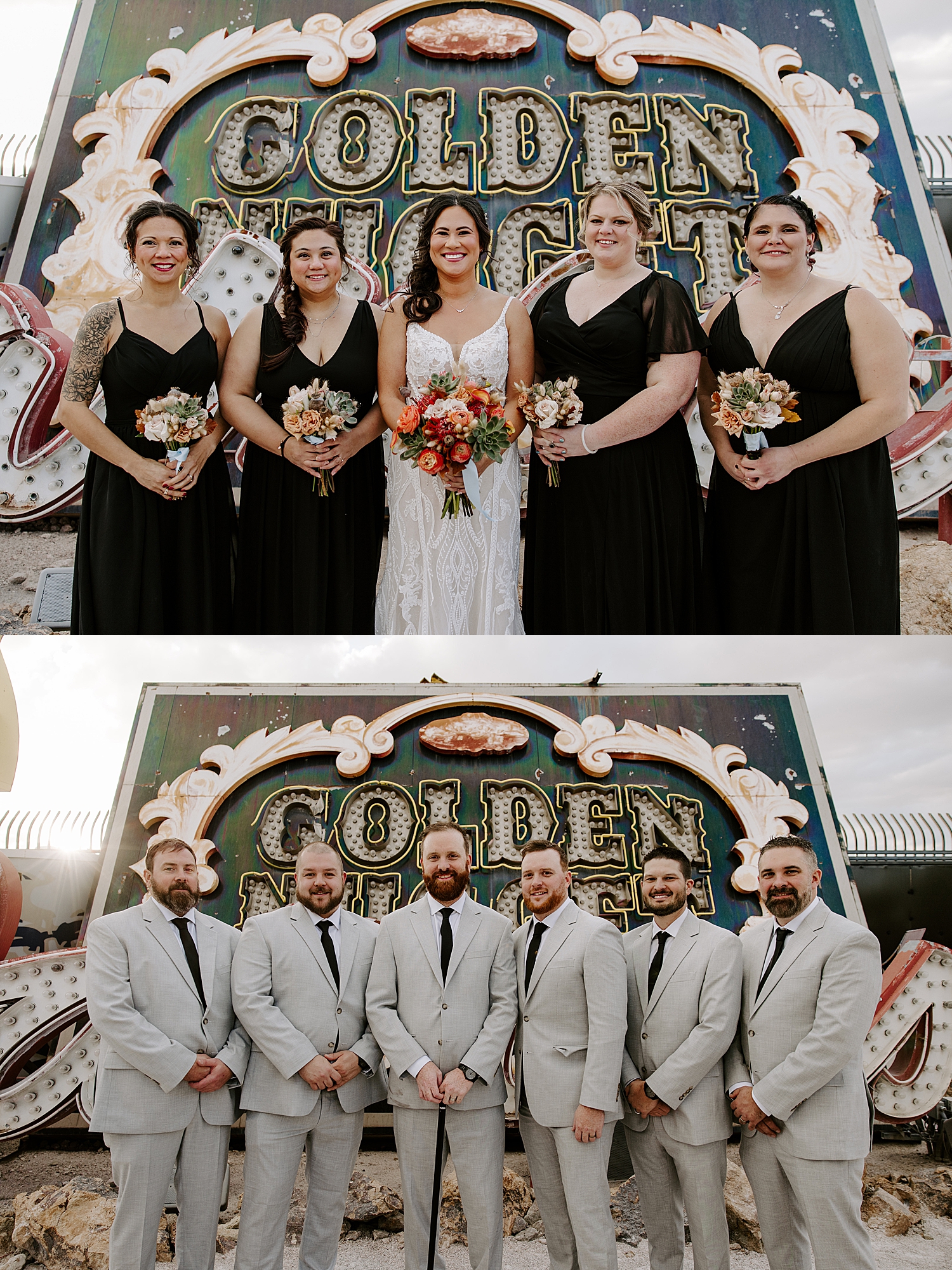 couple with their friends in front of signs by Las Vegas wedding photographer 