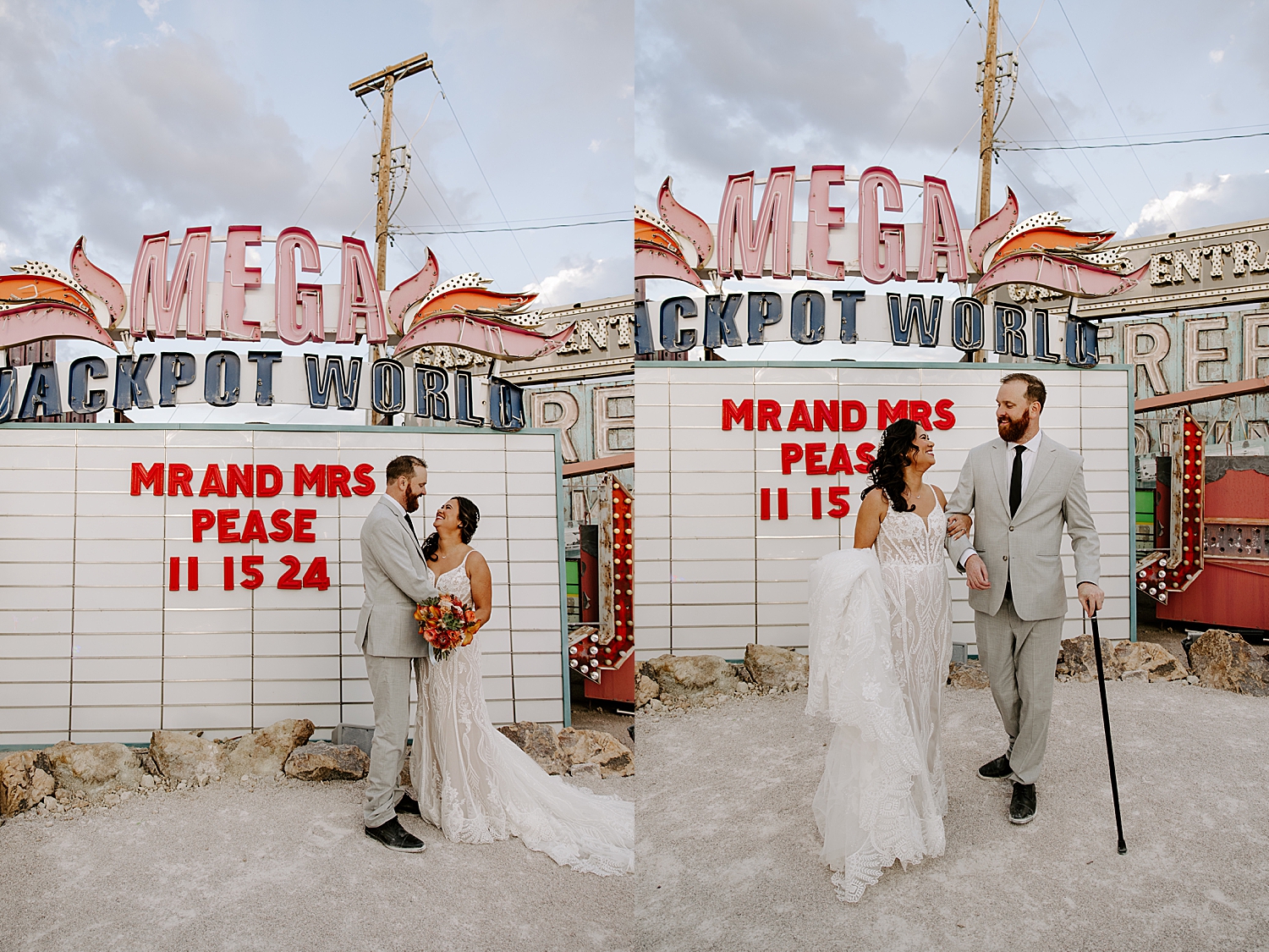 bride and groom walk away from sign at Neon Museum Ceremony