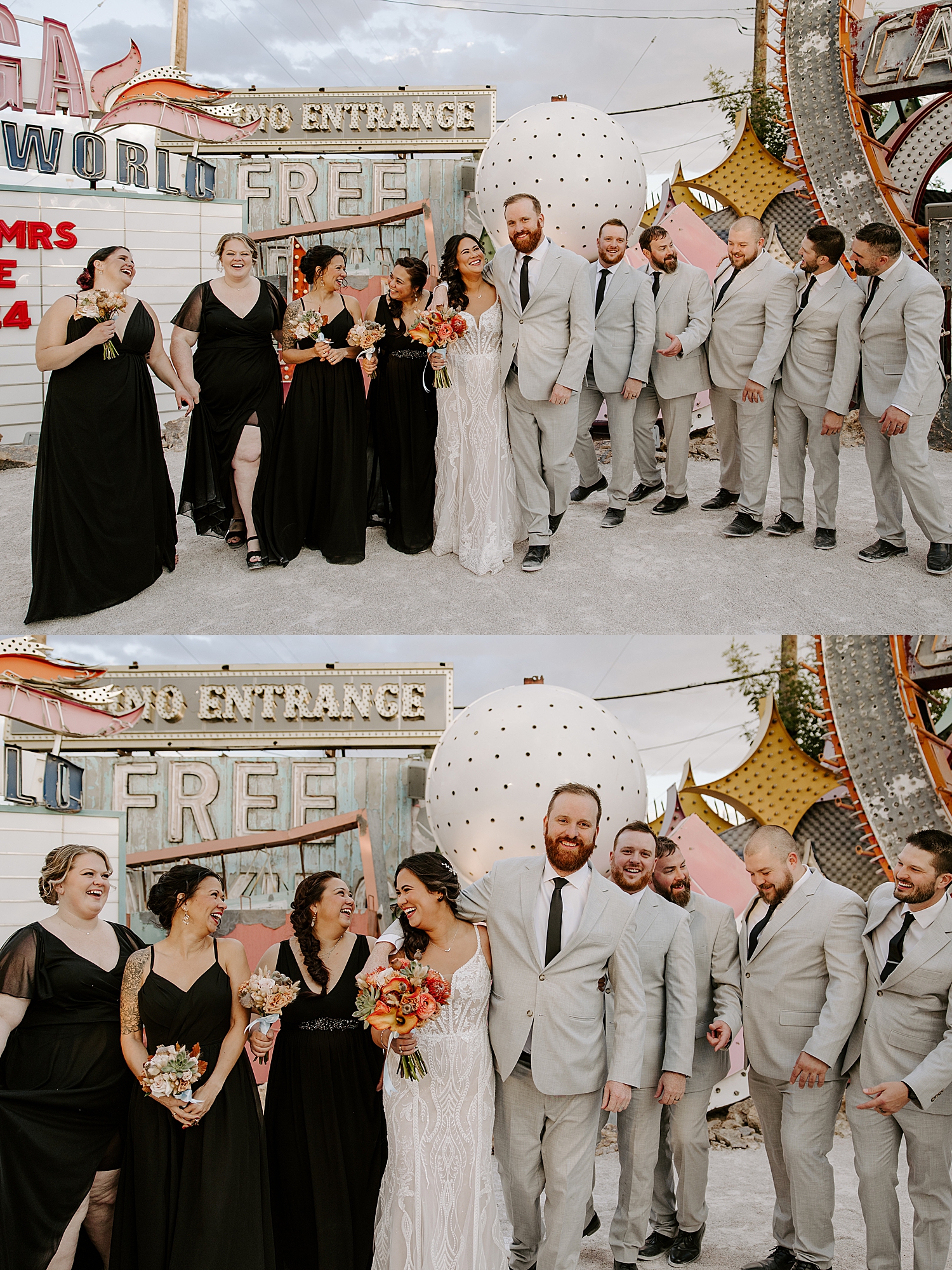 friends cheer and celebrate newlyweds at Neon Museum Ceremony