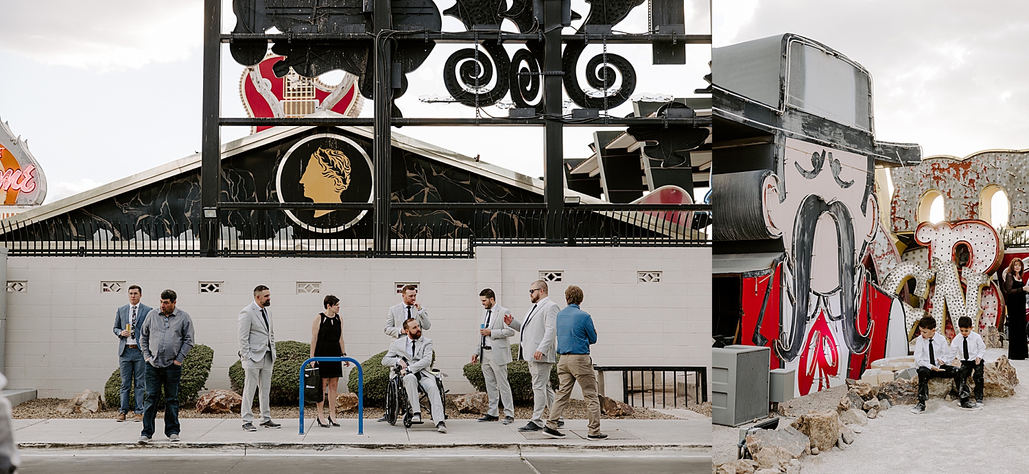 friends gather around the street for celebration by Las Vegas wedding photographer 