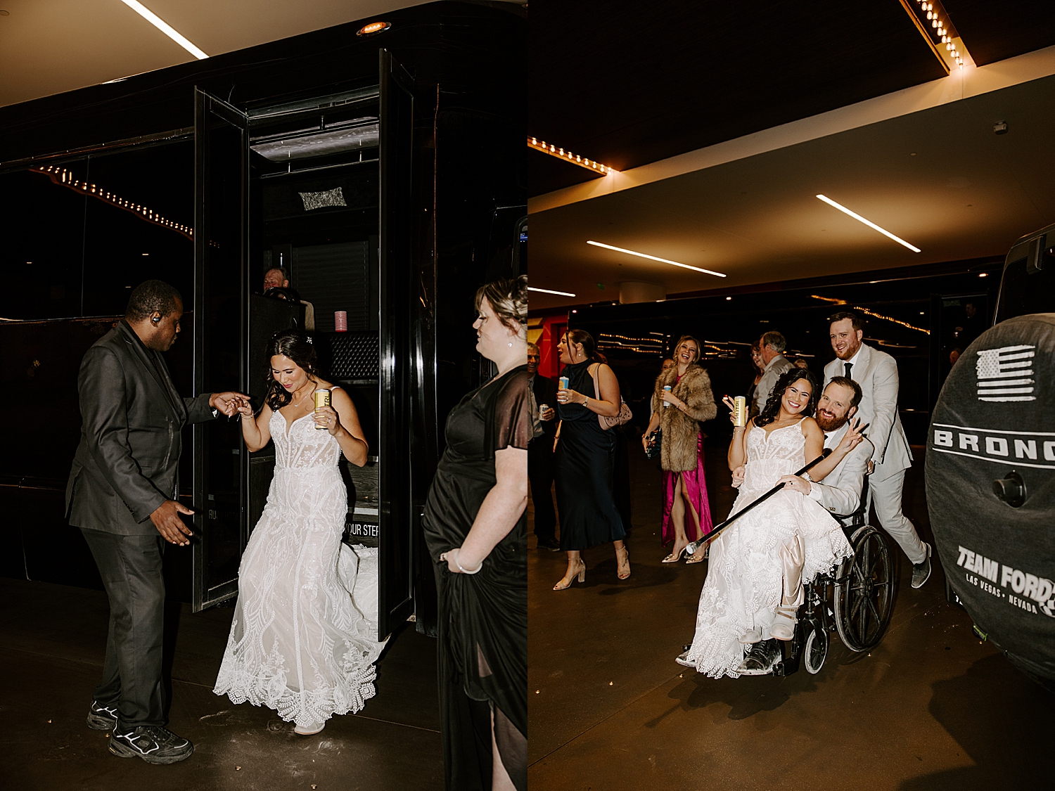 bride exits party bus onto Fremont street by Katelyn Faye Photo