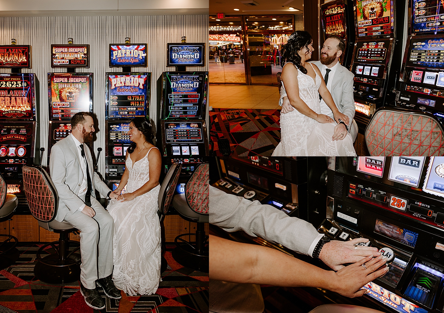 husband and wife play slot machine by Las Vegas wedding photographer 