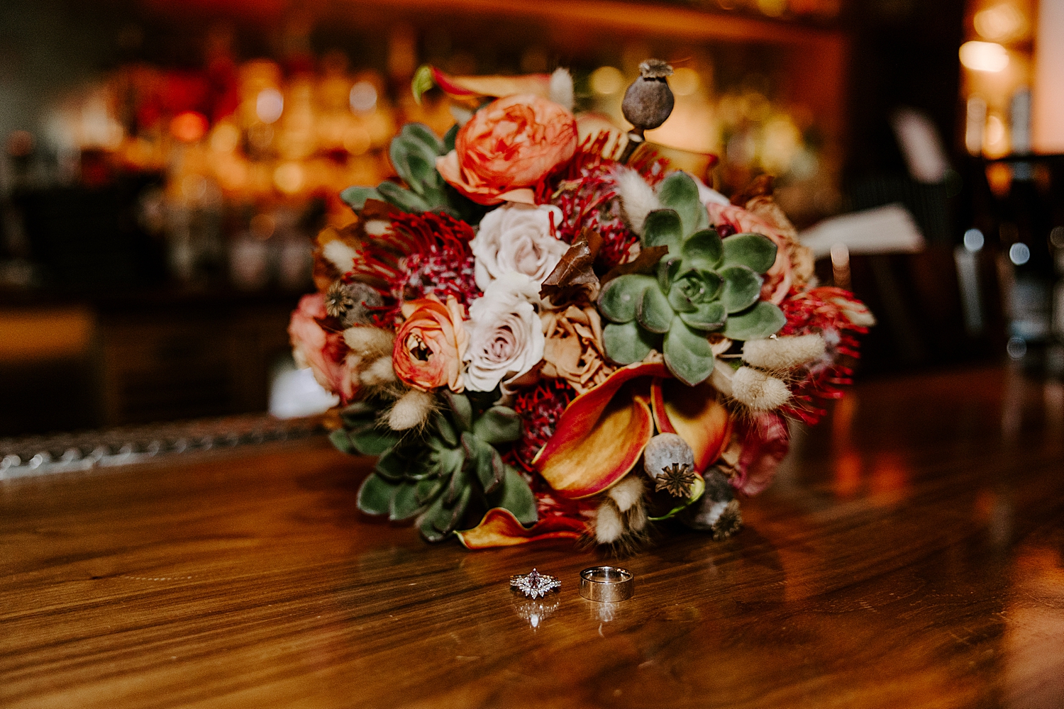 new rings on bar top by Las Vegas wedding photographer 