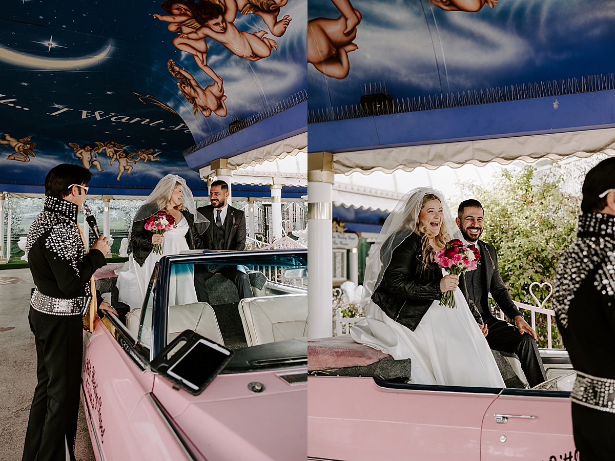 bride and groom in car near Elvis by Las Vegas Elopement Photographer 