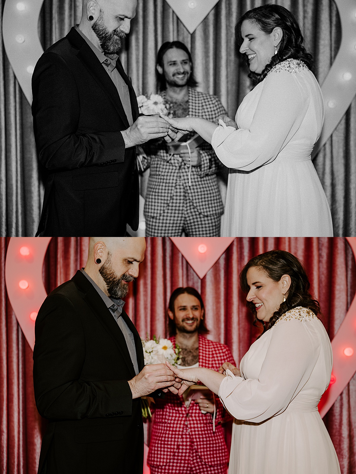 groom places ring on wife's finger at intimate chapel elopement