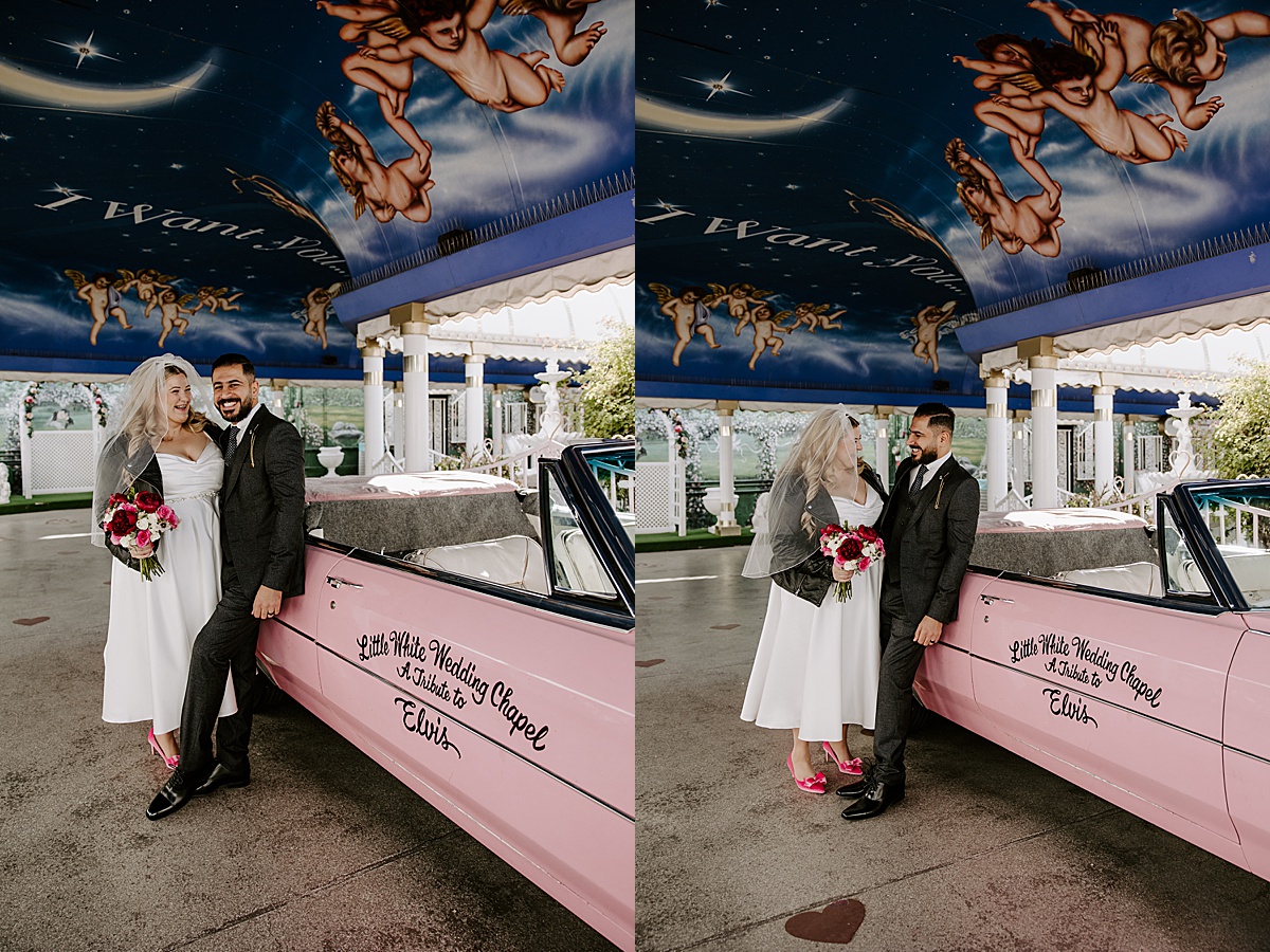 newlyweds lean against pink car thinking about What to Do with Your Photos