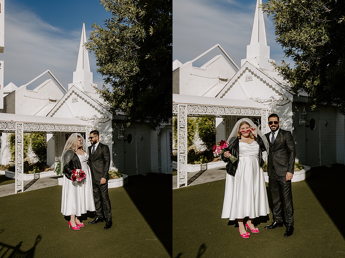 man and wife in front of little white chapel by Las Vegas wedding photographer 