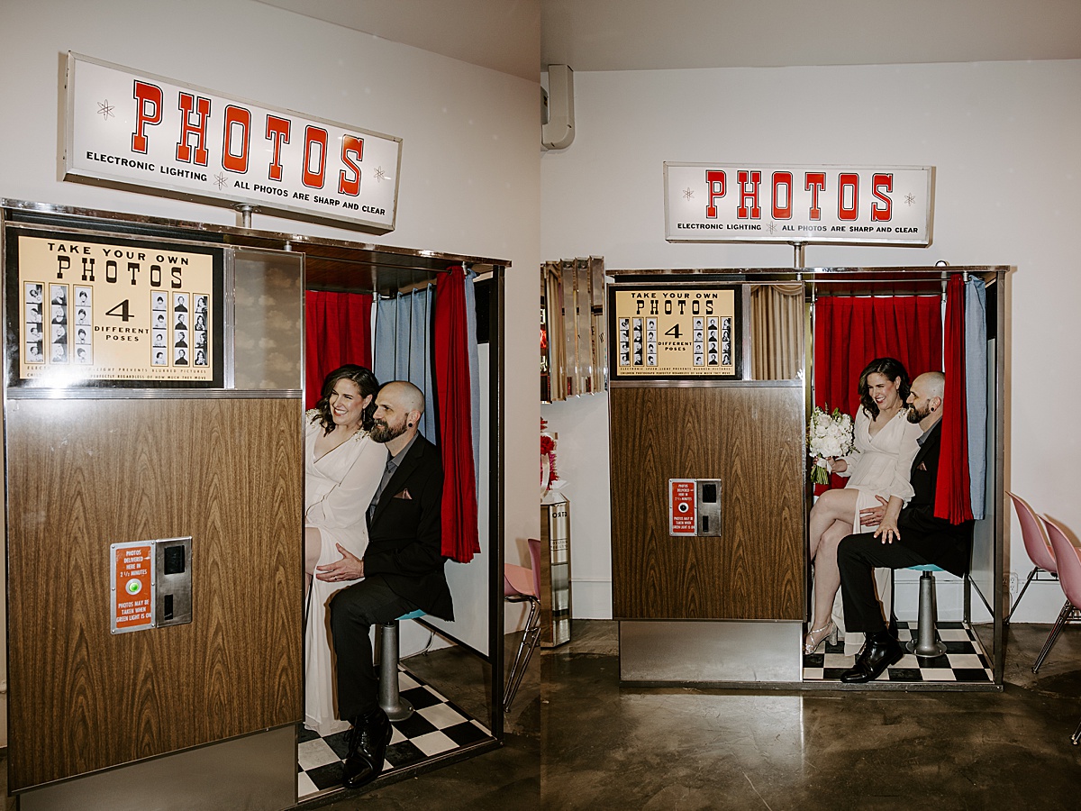 bride and groom snap photos in photobooth by katelyn faye photography