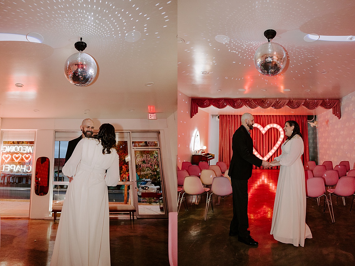 couple laughing on the dance floor by katelyn faye photography