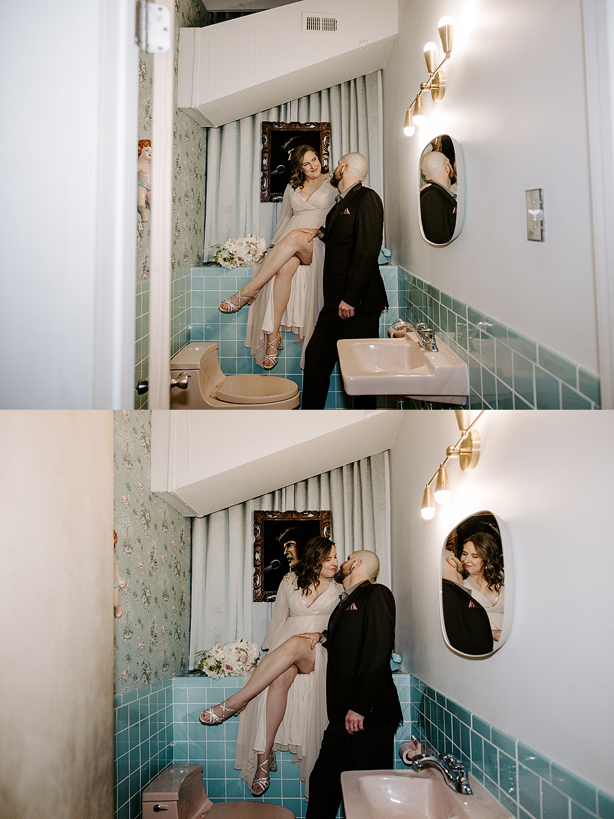 unique bathroom shots of newly wed couple by las vegas wedding photographer