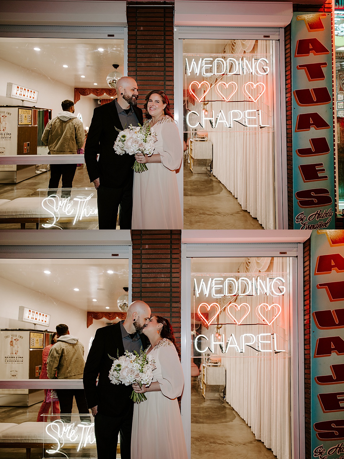 couple outside on sidewalk after intimate chapel elopement