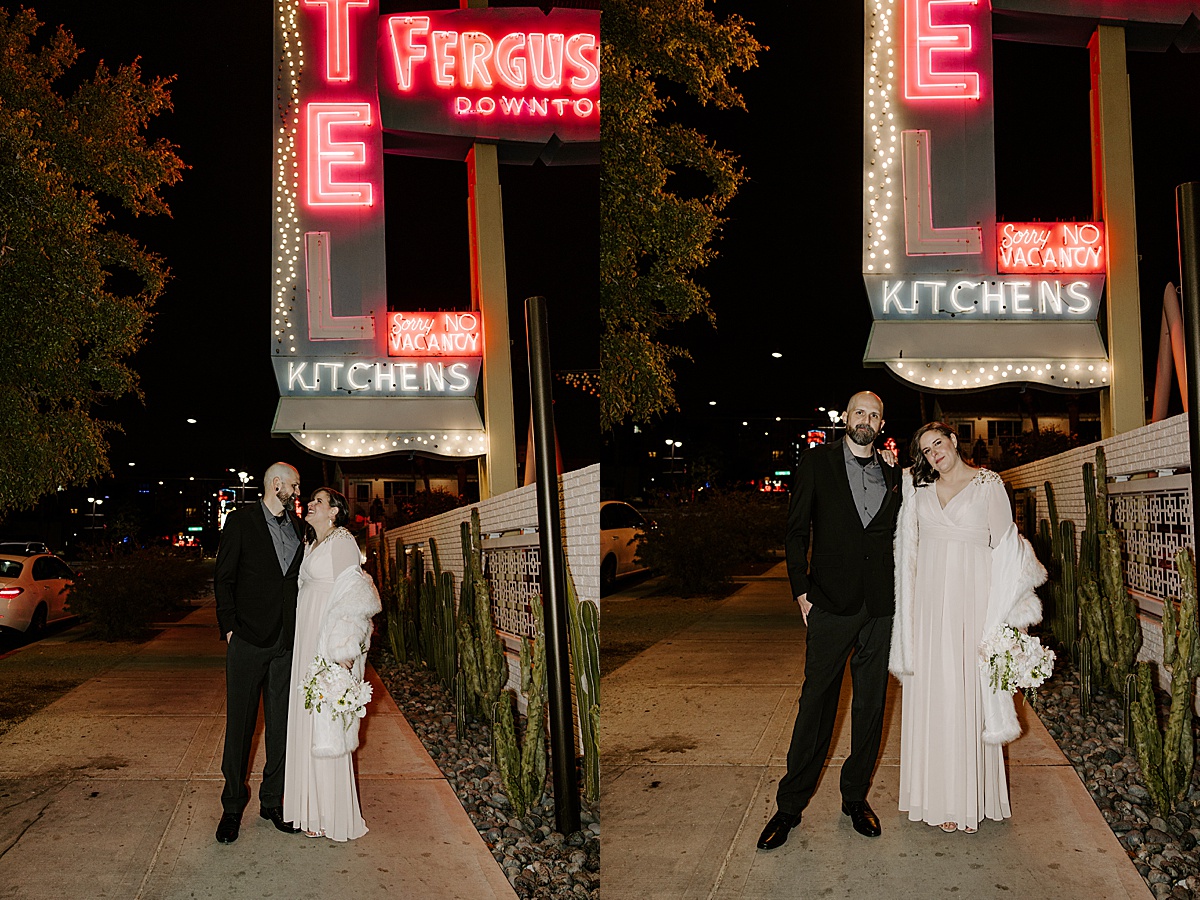 couple portaits on the strip after intimate chapel elopement