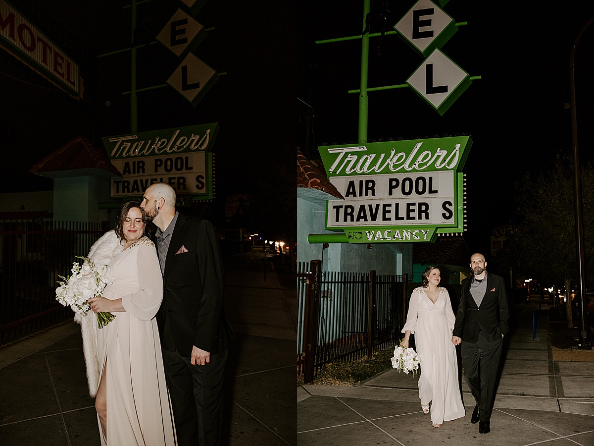 groom kisses brides cheek outside by las vegas wedding photographer