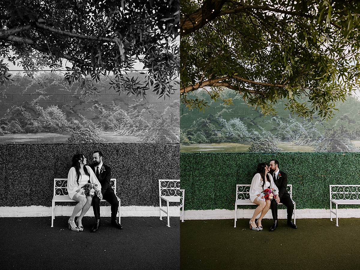 couple sitting on a bench kissing after their elopement during the Best Time To Get Married in Las Vegas