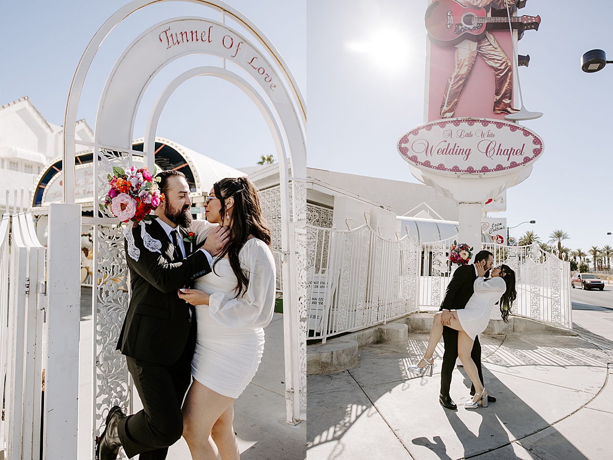 groom and bride under LWC sign by Katelyn Faye Photo
