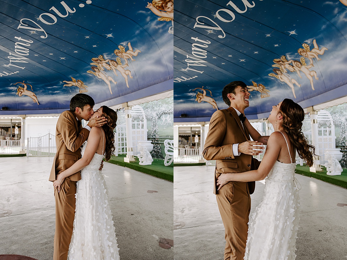 couple laughing at wedding venue by Las Vegas wedding photographer